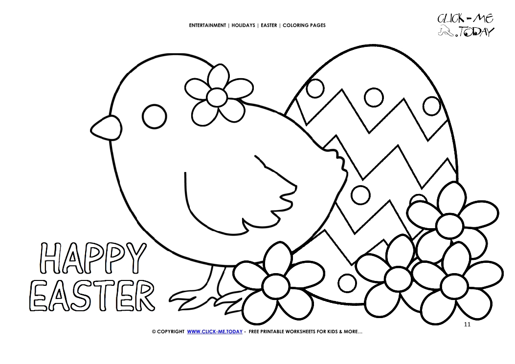 Easter Coloring Page:11 Happy Easter Chick with Egg & Flowers